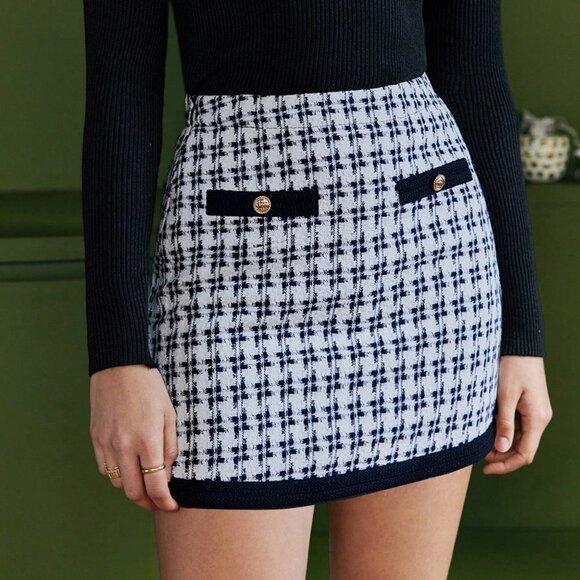 . Dresses & Skirts - Black & White Boho Womens Allover Pattern Button Detail Contrast Piping Skirt